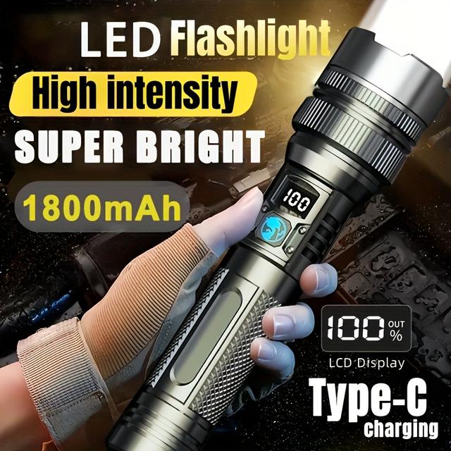 TEMU Portable Led Flashlight, Outdoor Flashlight Rechargeable Digital Display Long-lasting Camping Emergency Light For Travel Camping, Hiking, Fishing, Emergencies, Ip65