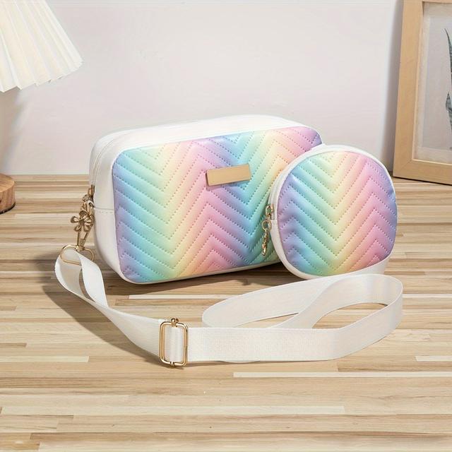 TEMU Guangzhou Region, 2pcs Set Of Women's Bags, Fashionable -wave Crossbody Bag In Rainbow Pu Shoulder Bag With A Small 's Colorful Casual Handbag And Wallet