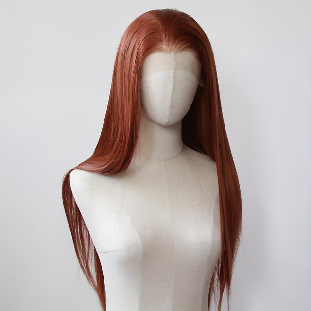 TEMU Una peluca frontal de encaje sintético larga y en un tono cobrizo, con línea de cabello predepilada y de resistentes al , diseñada para