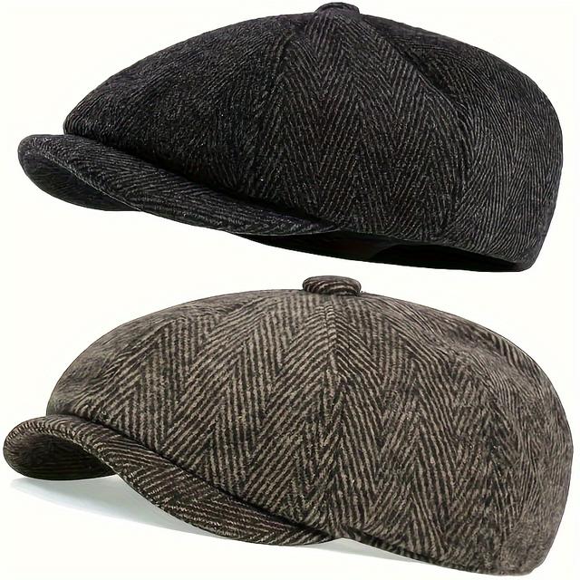 TEMU 2pcs Newsboy Cap Peaky Herringbone Flat Cap For Men Women Men's Lightweight Polyester Fiber Flat Cap