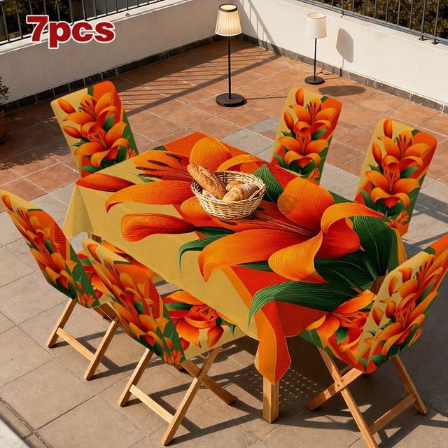 TEMU 2d Flat, Lilies Pattern Tablecloth And Chair Cover Set, Rectangular Table Decor, Beautiful And Reusable, Suitable For Home, Party And , 2d Flat