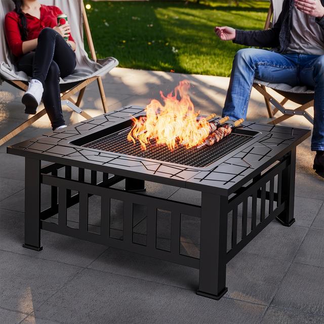TEMU 3-in- Bowl With Spark Protection - Square Outdoor Fire Pit With Grill Grate And Waterproof Cover, Ideal For Garden Use - Black, 81 X 81 X 35 Cm