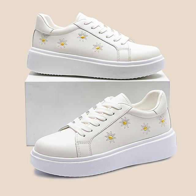 TEMU Women's Versatile Low-top Lace-up Trendy Embroidered White Sneakers, Comfortable Daily Casual Shoes, Women Shoes