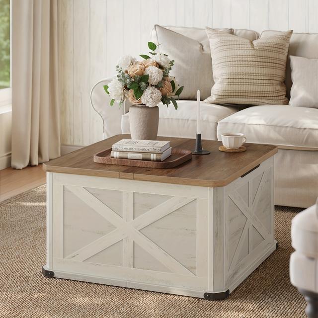 TEMU Farmhouse Coffee Table With Storage, Table For Living Room, Center Table With Lids, Honey Brown And Rustic White
