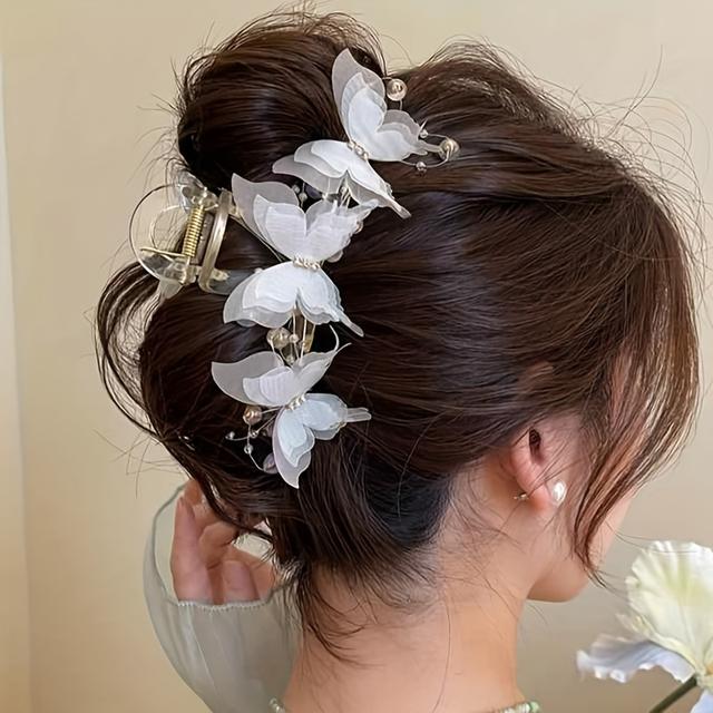 TEMU 1 pieza Elegante horquilla de con borlas, con diseño floral - de tela y perlas, clip de metal dorado, adecuada para peinados de boda de mujeres, accesorio para el cabello y elegante