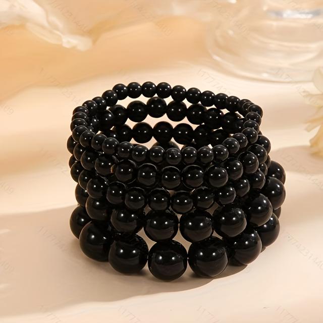 TEMU 5pcs Set Black Acrylic Layering Bead Bracelets For - Elegant Stackable Multistrand Be, Daily Wear & Christmas Gift, Neutral Beads (no Plating Required)