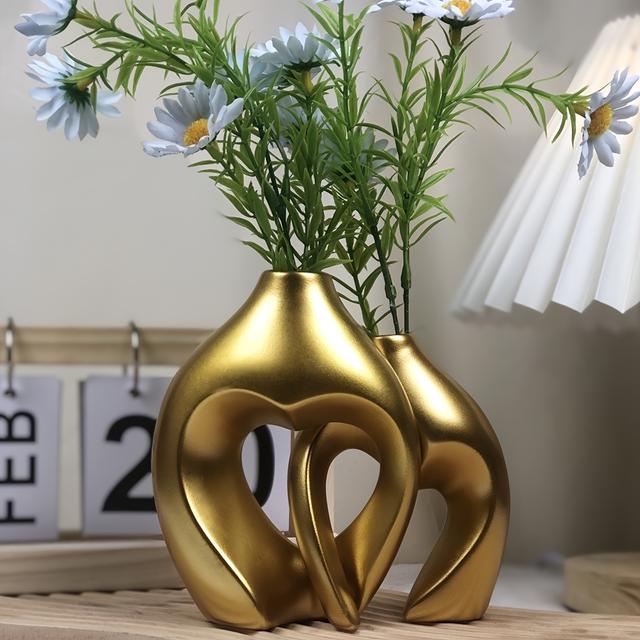 TEMU Set Of 2 Geometric Art Decorative Vases - An For Floral Arrangements In Golden, Black, And White.