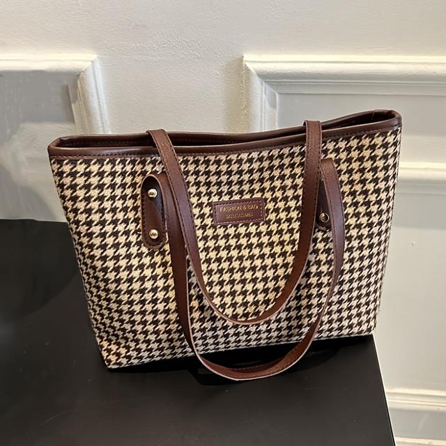 TEMU 1pc Women's Tote Bag - Large Capacity Durable Nylon Shoulder Bag With Zipper Closure, Black & White Checkered Design For Travel, Commute & Daily Use