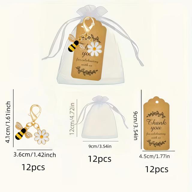 TEMU هدية لها/له مجموعة مفاتيح 36 قطعة: 12 سلسلة مفاتيح نحل + 12 بطاقة + 12 كيس هدايا، هدايا حفلات التعميد، الكريسماس، عيد الشكر، مع أكياس هدايا وبطاقات شكر