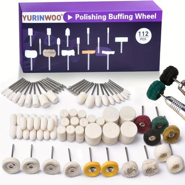 TEMU 60/112-teiliges Polierset, Wollpolierscheiben und Polierbits für Rotationswerkzeug-Erweiterungen mit 1/8-Zoll-Schaft, Schleifset für Metall Holz Uhren Schmuck