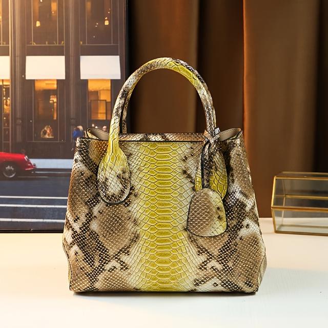 TEMU Vintage Python-Druck Großraum-Tasche für Frauen - Stilvolle Gelb-Grüne Schlangenhautmuster Handtasche mit Reißverschluss, für den und Reisen