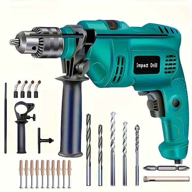 TEMU Wired Multifunctional Electric Hammer Drill, Impact Drill, Plug-in Drill, Variable Speed, With Drill Bit, Used For Home Decoration, Diy, Masonry, Wood, Drilling And Screws