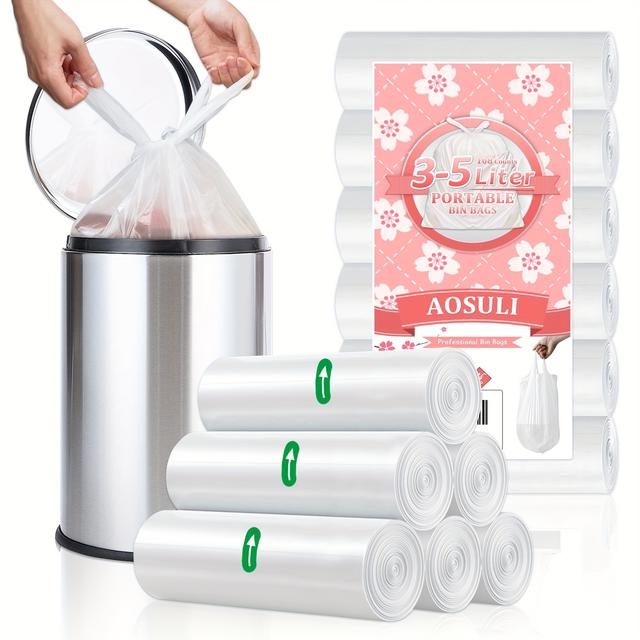 TEMU 3-5l Garbage Bags, Transparent Plastic Garbage Bags, With Drawstrings, 108pcs In 6 Rolls, White Garbage Bags, Suitable For Bathrooms, Bathrooms, Bedrooms, And Offices.