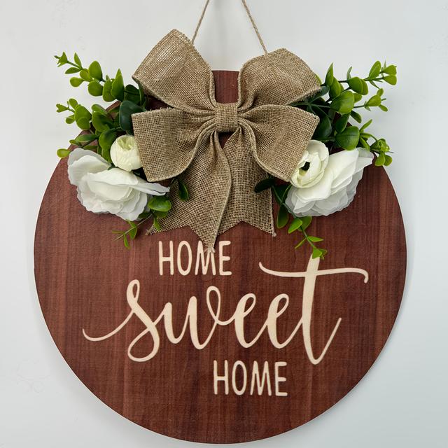 TEMU Sunset Wreath Decoration Sign Front Door Round Wooden Hanging Sign With Ribbon Bow And Artificial Green Leaves, Suitable For Farmhouse Porch Home Thanksgiving Decorations