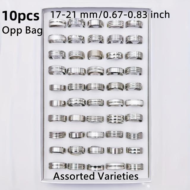 TEMU Zestaw 10 szt. Pierścionków Modowych Damskich i Męskich w Kolorze Srebrnym, Wzory Paski, Rozmiary 17mm-21mm, Różne Style, Idealny na Prezent, Bez Opakowania – Hurtowo