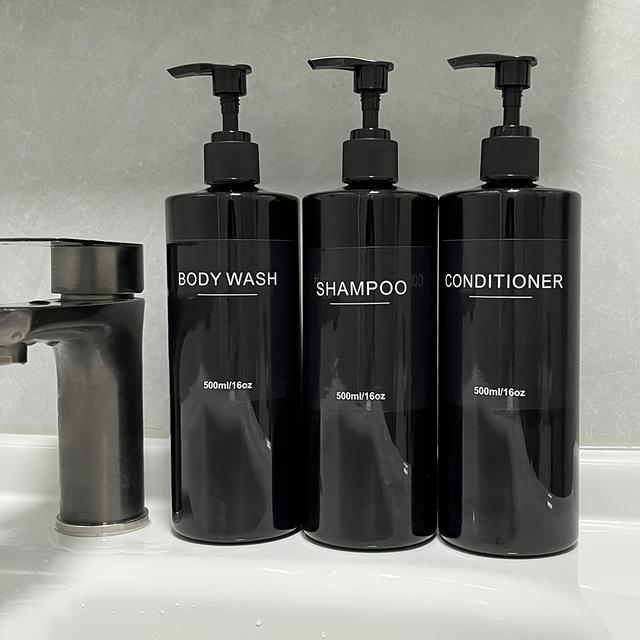 TEMU Shower Shampoo Dispenser Filled With A Pump Bottle; Three-piece Set With Waterproof Labels.