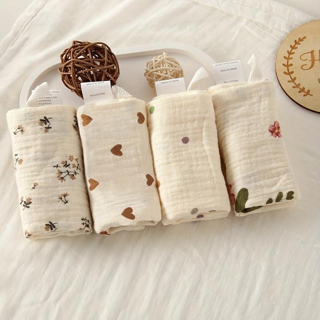 TEMU 4pcs Soft Cotton Washcloths - Reusable, Patterned, , Ideal For Gentle Face And Hand Washing - Perfect For Kitchen, Bathroom, Bedroom, And Outdoor Use