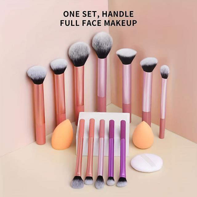 TEMU 12pcs Multi-colored Makeup Brush Set (eye Shadow, Powder, Concealer Brushes) With Makeup Sponge & Powder Puff