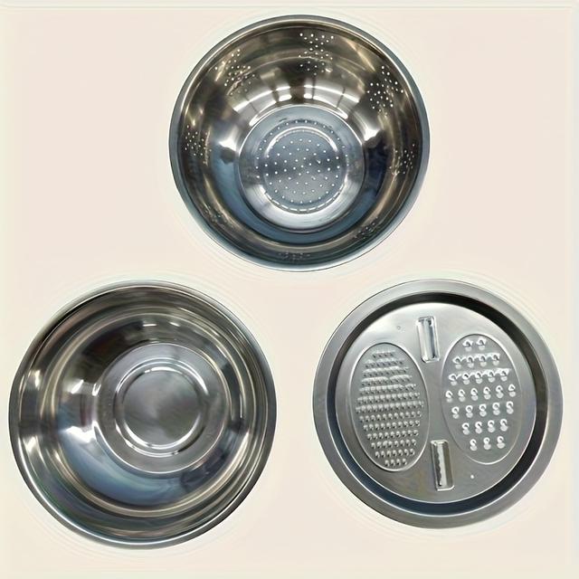 TEMU طقم مطبخ من الفولاذ المقاوم للصدأ 3 قطع: حوض متعدد الوظائف مع مصفاة - مثالي لغسل الخضار والفواكه والجبن، معزز، حوض للوجه، خلط