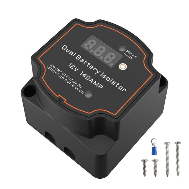 TEMU مفرق بطارية مزدوج 12 فولت 140 أمبير مع شاشة عرض الجهد، ماسك ذكي حساس لجهد البطارية، شاحن مقسم لطقم بطارية الترفيه VSR لمركبات ATV UTV قوارب RV صندوق السيارة، مركبات الطرق الوعرة