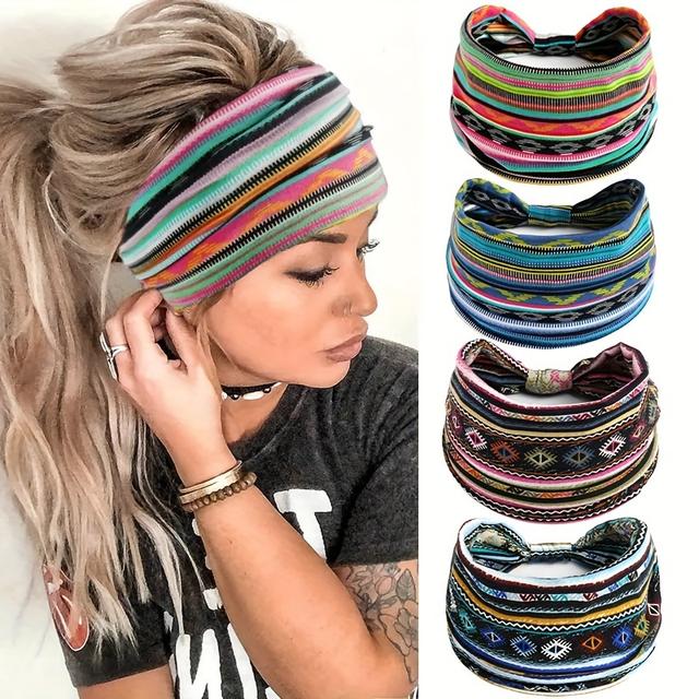TEMU 4pcs For A Set, Women's Wide Sports Yoga Running Sweat Absorption Knot Hair Band Hair Accessories, Bohemian Style Style