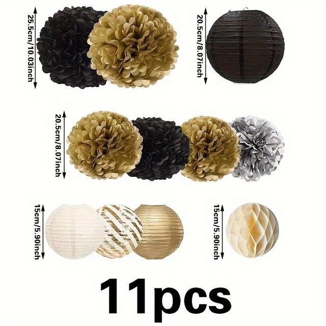 TEMU 11pcs Black Golden Paper Lanterns And Honeycomb Balls Set, Uncharged Party Decorations For Birthday, Wedding, Events - Suitable 14+, Halloween Decorations, Christmas Decorations