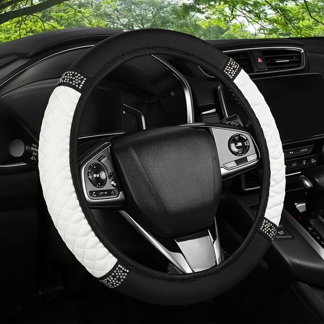 TEMU Luxurious Leather Embroidered Steering Wheel Cover With 3d Colorful Diamond Accents - No , Fit For Cars, Cute Steering Wheel Cover