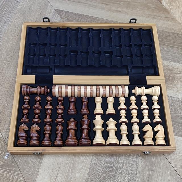 TEMU 30.5cm Multifunctional Folding Chess & Checkers Set | Wooden Strategy Game With Foldable Chess Box, Durable And Portable, German Knight , Collectible For Competitions