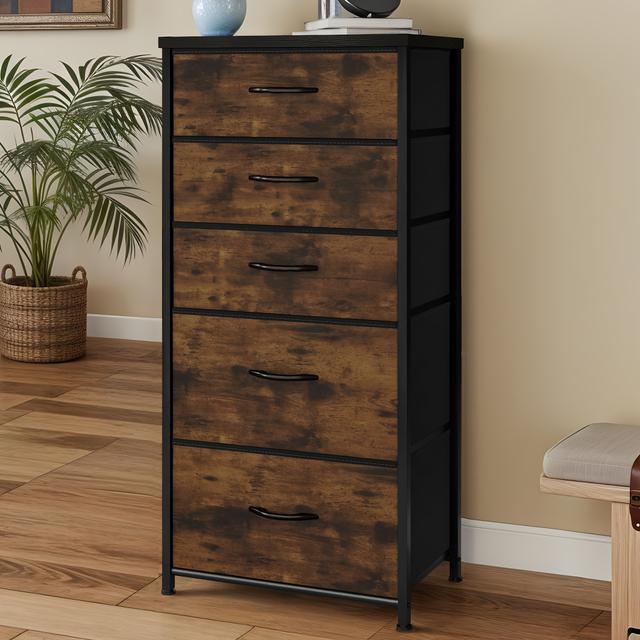 TEMU 5-drawer Fabric Chest Of Drawers | Bedroom Dresser With Wood Top, Sturdy , Black Wood Grain, By Yitahome