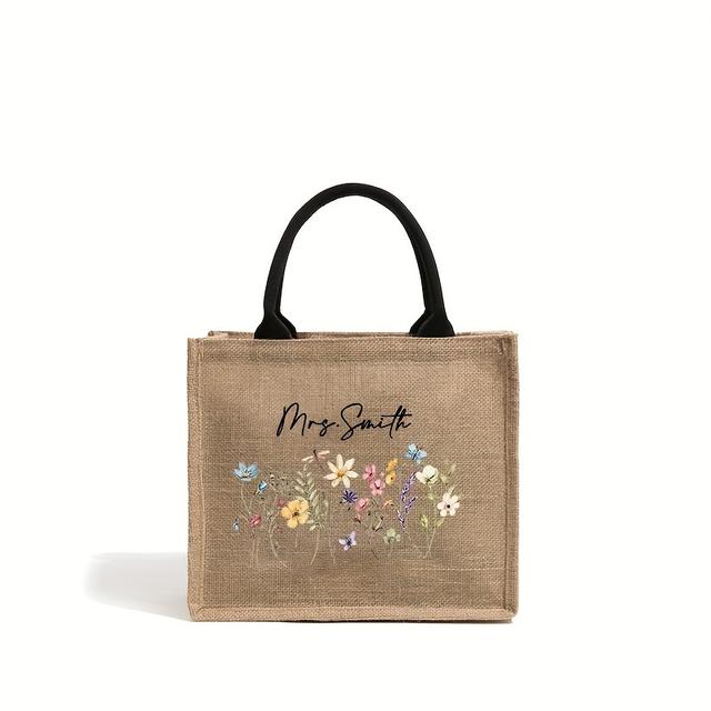 TEMU 1pc Personalised Teacher Custom Name Flower Pattern Shopping Large Personalized Beach Bag Monogrammed Gift Tote Bag For Women Teacher Appreciation Gift