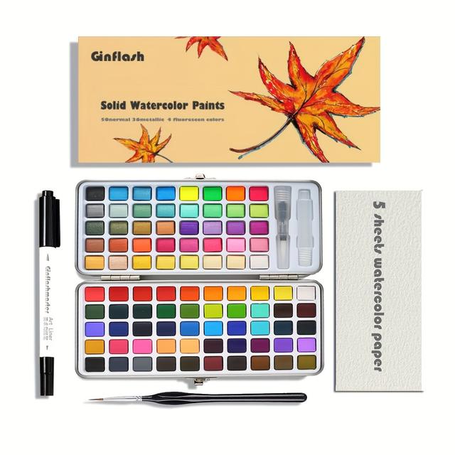 TEMU Ginflash Conjunto de Tintas Sólida Meia Paleta 50/90 Cores com Portátil, Papel e Acessórios Profissionais para Pintura Artística