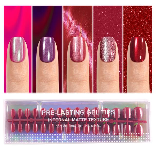 TEMU 150pcs Short Round Acrylic Cat Eye False Nails, Shiny Nails, 5 Trendy Colors Christmas Ring Plus Size Set, Suitable For Women's, Christmas Wear False Nail Decoration