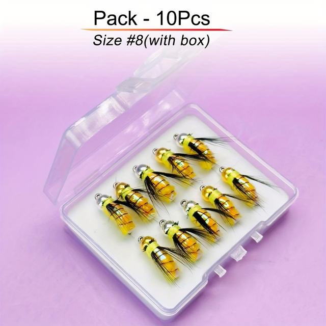 TEMU 5/10pcs Fishing Lure Wet Flies #8 Bright Skin Fly Nymph Brass Head/ Winding Fly Insect Bait Fly Fishing Flies For Trout Pike Salmon