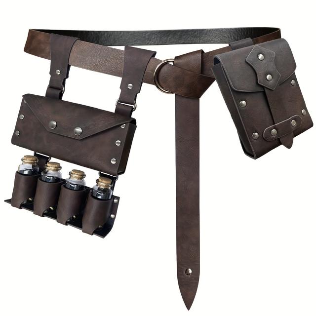 TEMU Medieval Faux Pu Leather Belt With 3 Cork Potion Vials - Fantasy Roleplay Accessory Suitable For Costumes,, Tabletop Rpgs & Themed Parties - Belt-pouch With Potion Holder