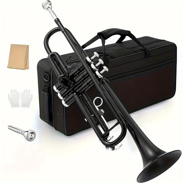 TEMU . Professionelle Bb-Tenor-Trompete, klassischer Stil, poliertes schwarzes Metall mit versilbertem 7C-Mundstück, Standard-Trompeten-Set mit Koffer und Zubehör, Herreninstrument