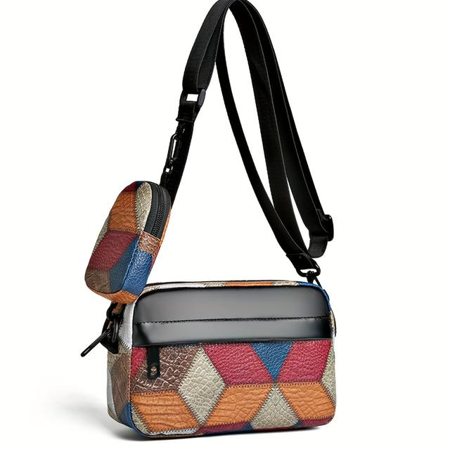 TEMU Leichte Damen-Umhängetasche - Retro-Muster & Kontrastnaht, Verstellbarer Riemen mit Metallbeschlägen, Schwarze Freizeit-Tasche für den , Vielseitiges Accessoire, Strapazierfähige Polyester-Futter