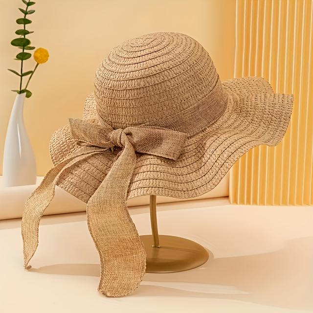 TEMU Elegant Wavy Edge Straw Sun Hat With Bow - Lightweight, Breathable, And Stylish For Beach, Outdoor, And Vacation, Beach Accessories | Stylish Sun Hat | Lightweight Hat