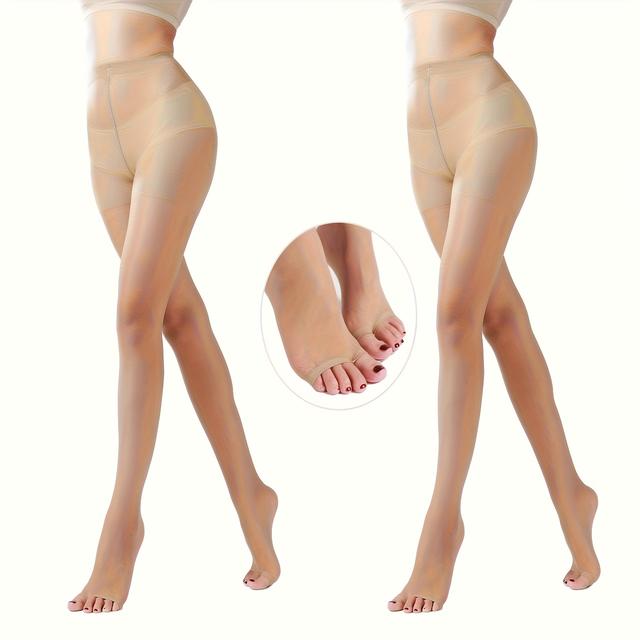 TEMU 2pcs Elegant Women's Sheer Tights - High-waist Garter Bodystocking With Open-toe Design, Thin Style