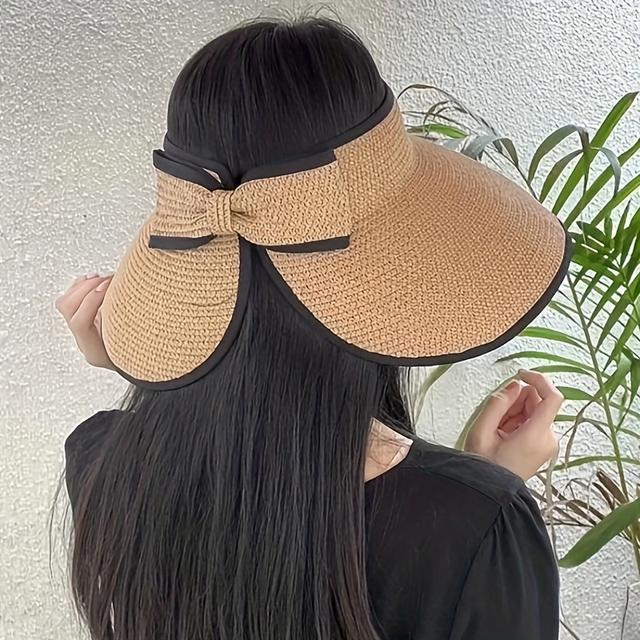 TEMU A Solid-color Brimmed, , Foldable, And Portable Women's Straw Hat, A Summer Sun Hat With A Fashionable Black- Rolled Brim