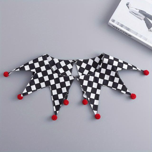 TEMU A Vintage Theatrical-style Decorative Faux Collar With A Black And White Checkered Clown Design And A Red Pom-pom