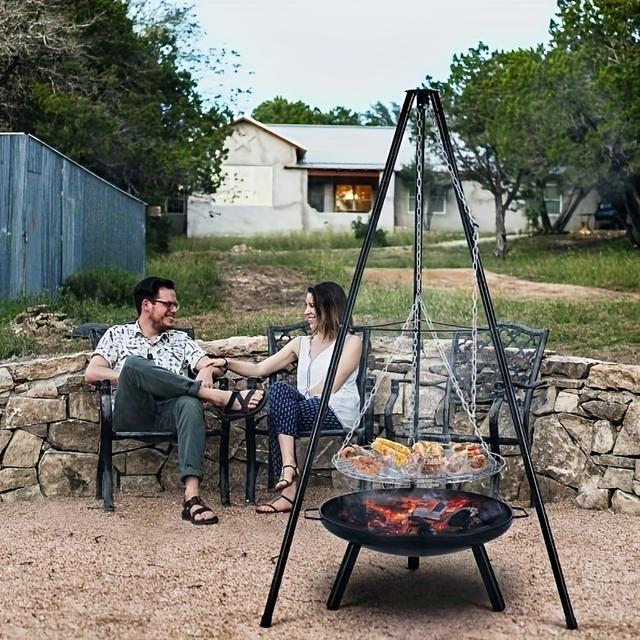 TEMU Poêle de , Poêle de Camping, Gril de Camping, Gril Trépied avec Chaîne Réglable de 200 cm de Hauteur, Foyer de Barbecue Extérieur pour Griller et Chauffer, Camping, -, Fête
