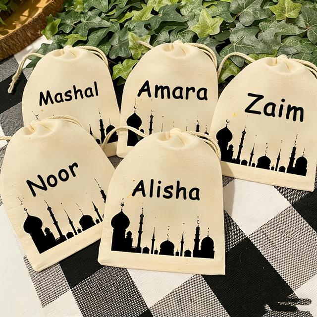 TEMU 5pcs Personalized Custom Name Treat Bags | Eid Al-fitr Eid Ramadan Kareem Welcome Decoration Sign, Family Friend Present, Kid Boy Girl Gift Box, Canvas