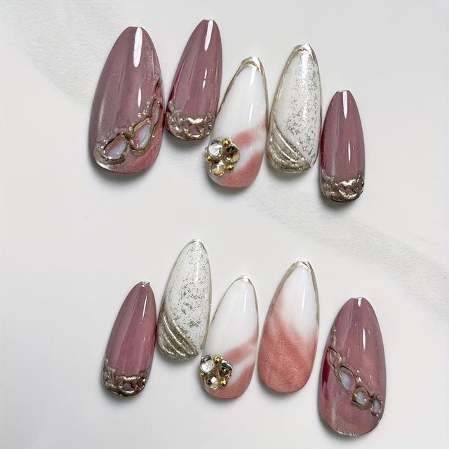 TEMU Handmade Studded Nail Art For Women - Brown Ombre Cat Eye Glitter 3d Metallic Autumn/winter Manicure Stickers, 24pcs