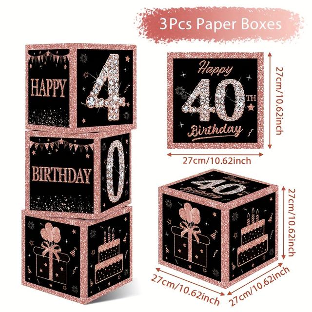 TEMU 3pcs,happy 40th Birthday Paper Box,rose Golden Pull Flag Gift Birthday Gift Boxes,party Gift Packaging Boxes,happy Birthday Party Supplies,party Packs,adults Birthday Party Decoration