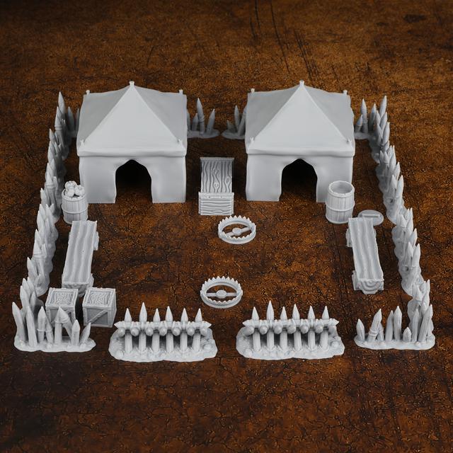 TEMU 24-częściowy Zestaw Miniatur Obiektów Obronnych D&D - Realistyczny Terenu do Grania na Stole, Zawiera Namioty, Barykady, Pułapki na Niedźwiedzie i Więcej dla Wciągającej Rozgrywki