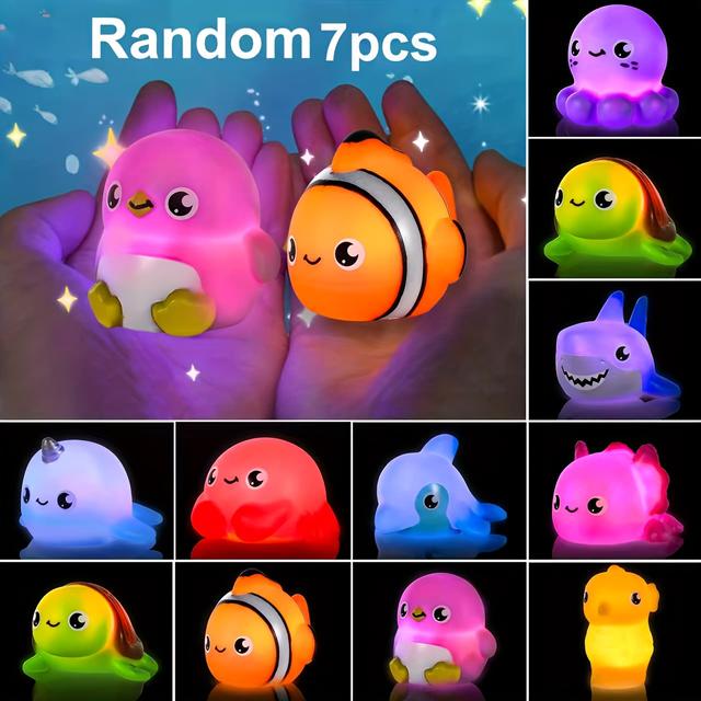 TEMU 1/ 3/ 7pcs No Hole Bath Toys, Light Up Ocean Animals Set, Glitter Colorful Bathtub Toys, Bathtub Floating Water Toys, Great Gifts For Bathroom Water Tub Games Pool Party
