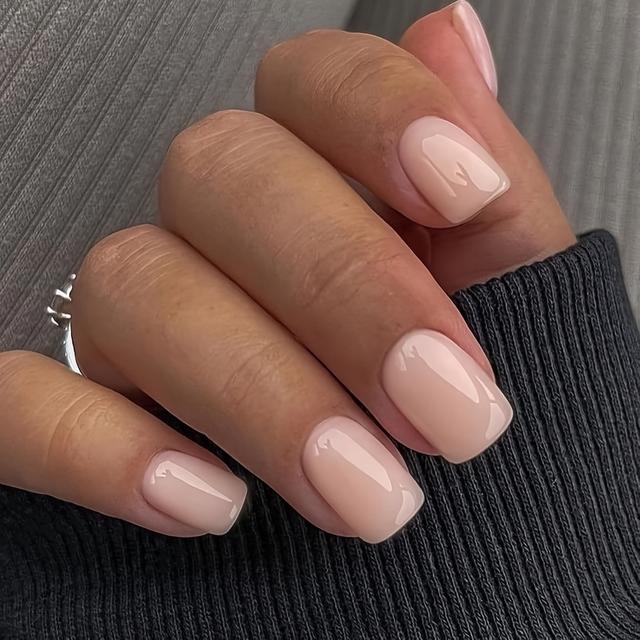 TEMU Nude On Nails Short Square, Gel Nails Glue On Acrylic Nails Press Ons Protective Coat Thick Reusable Fake Nails Solid Color 24 Short Coffin Artificial Nails