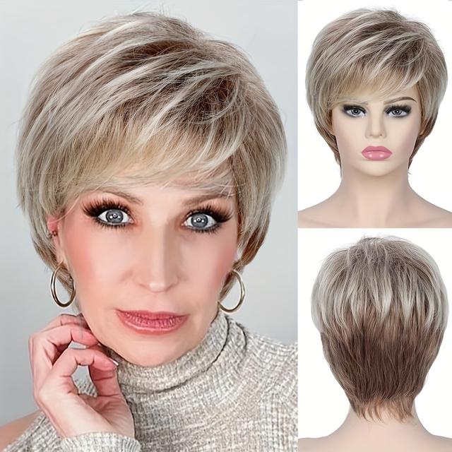 TEMU Chic Short Layered Curly Wig With Bangs For Women - Heat Resistant Synthetic Hair, 180% Density, Full Wigs
