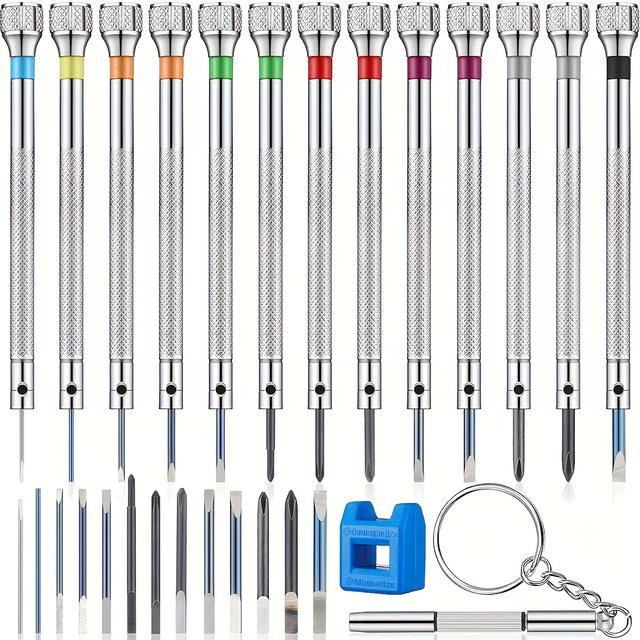 TEMU 28pcs Watch Repair Tool Set Mini Screwdriver Kit 0.6-2.0mm High Hardness Steel Phillips Screwdrivers For Watch, Glasses, Jewelry & Electronics Maintenance