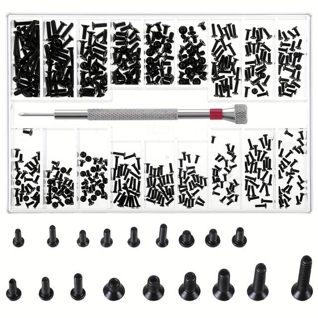 TEMU 500 Peças Kit de Parafusos Mini M1.2/M1.4/, Conjunto de Parafusos Pretos para Laptop e Relógios com Chave de , Parafusos para SSD e Disco Rígido